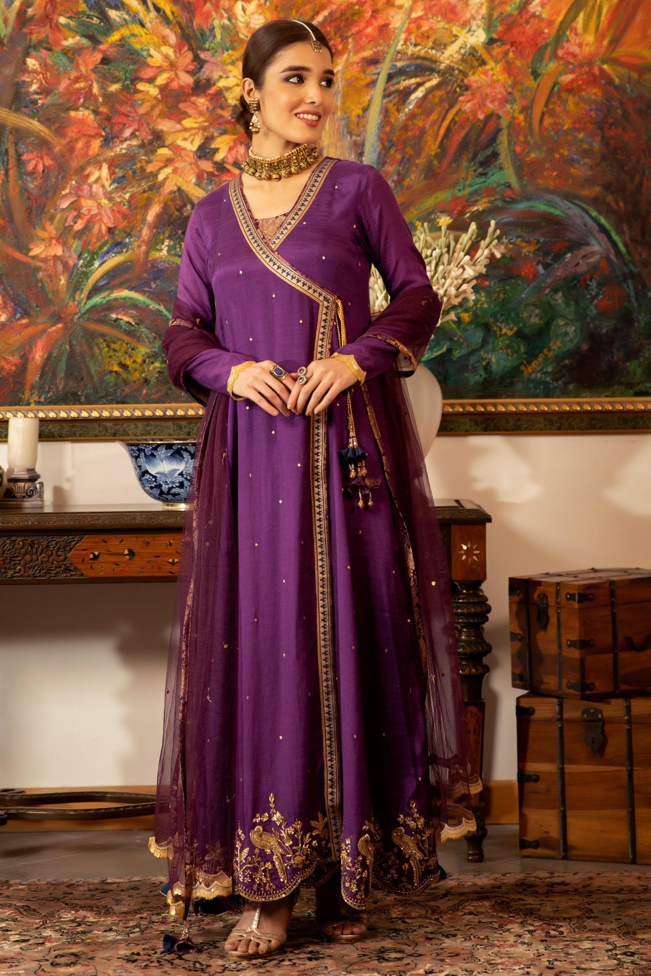 Deep Purple Embroidered Raw Silk Angrakha (3-Piece) - Image 2