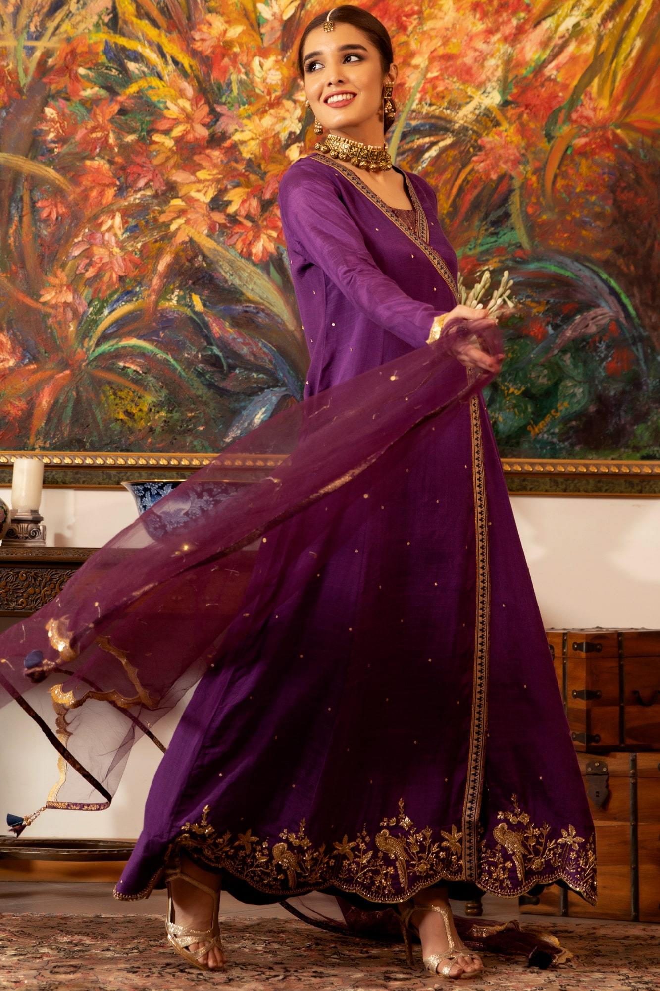 Deep Purple Embroidered Raw Silk Angrakha (3-Piece) - Image 3