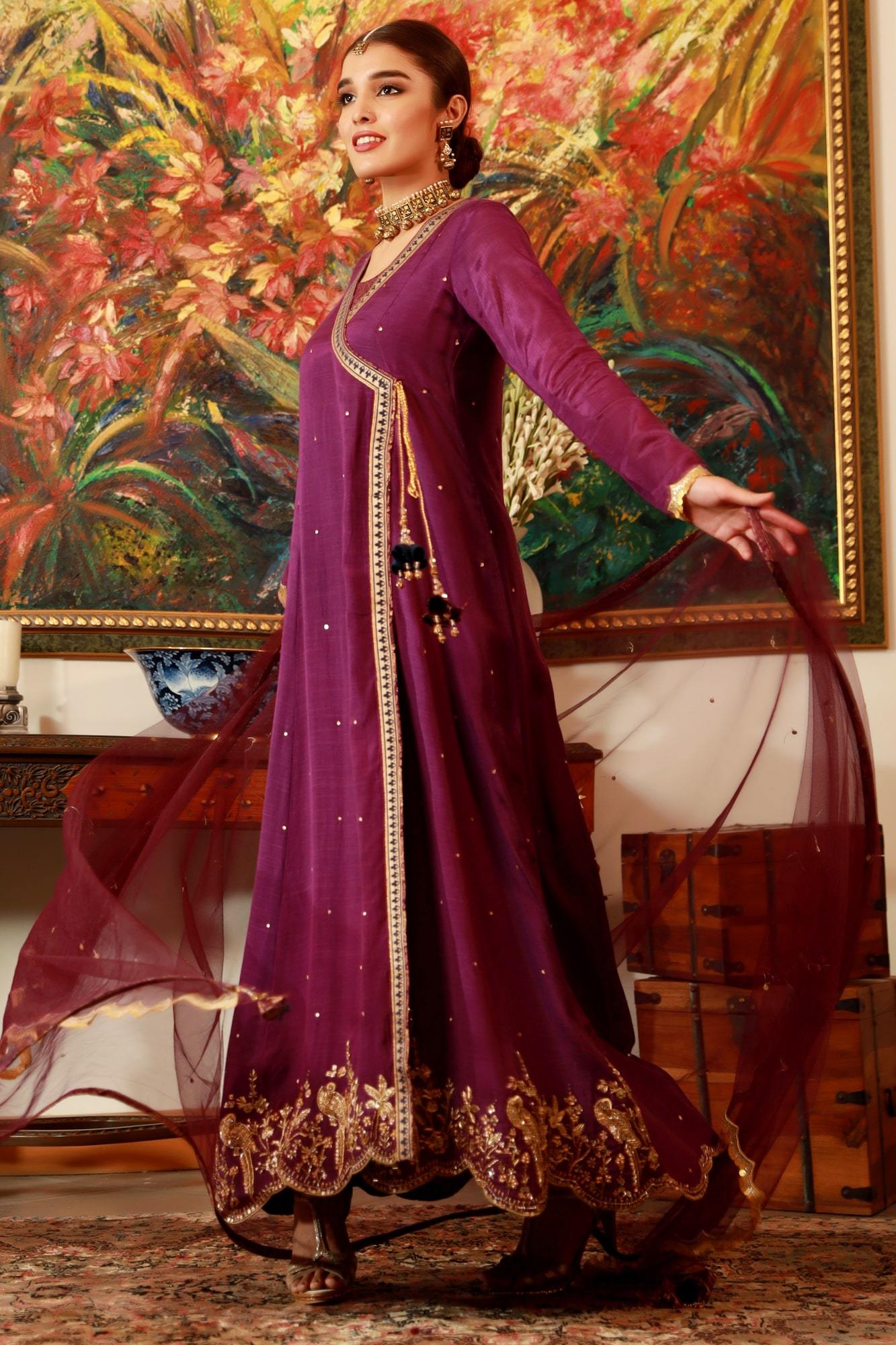 Pakistani Purple Embroidered Raw Silk Angrakha (3-Piece) - Image 4