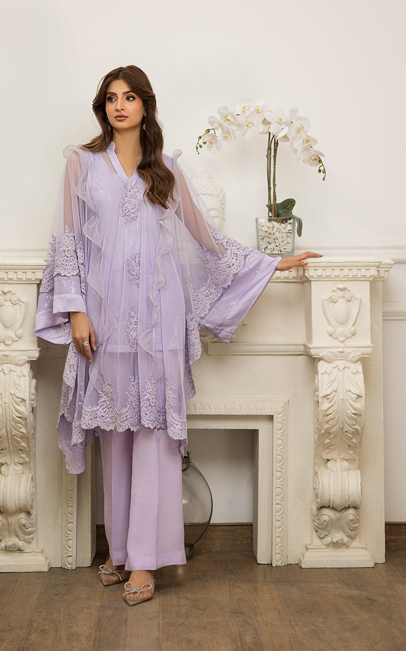 Pakistani Lilac Embroidered Net Cape Dress (3-Piece) - Image 1