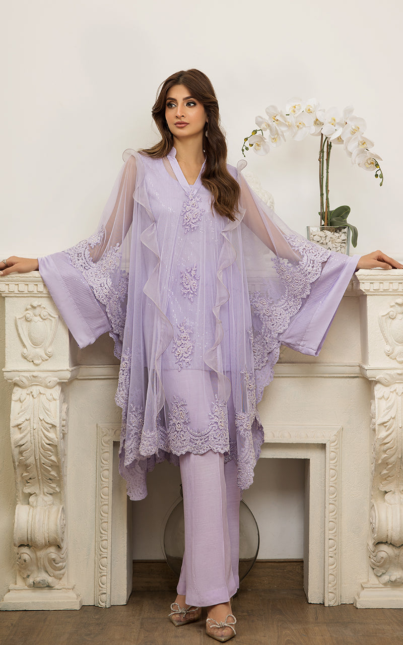 Pakistani Lilac Embroidered Net Cape Dress (3-Piece) - Image 2