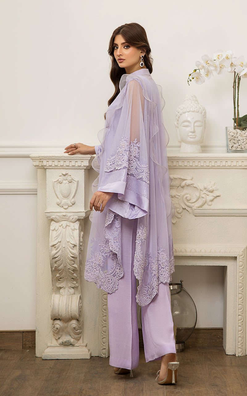 Pakistani Lilac Embroidered Net Cape Dress (3-Piece) - Image 3