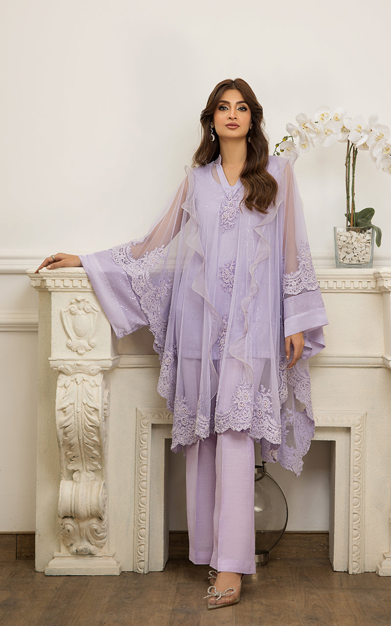 Pakistani Lilac Embroidered Net Cape Dress (3-Piece) - Image 4