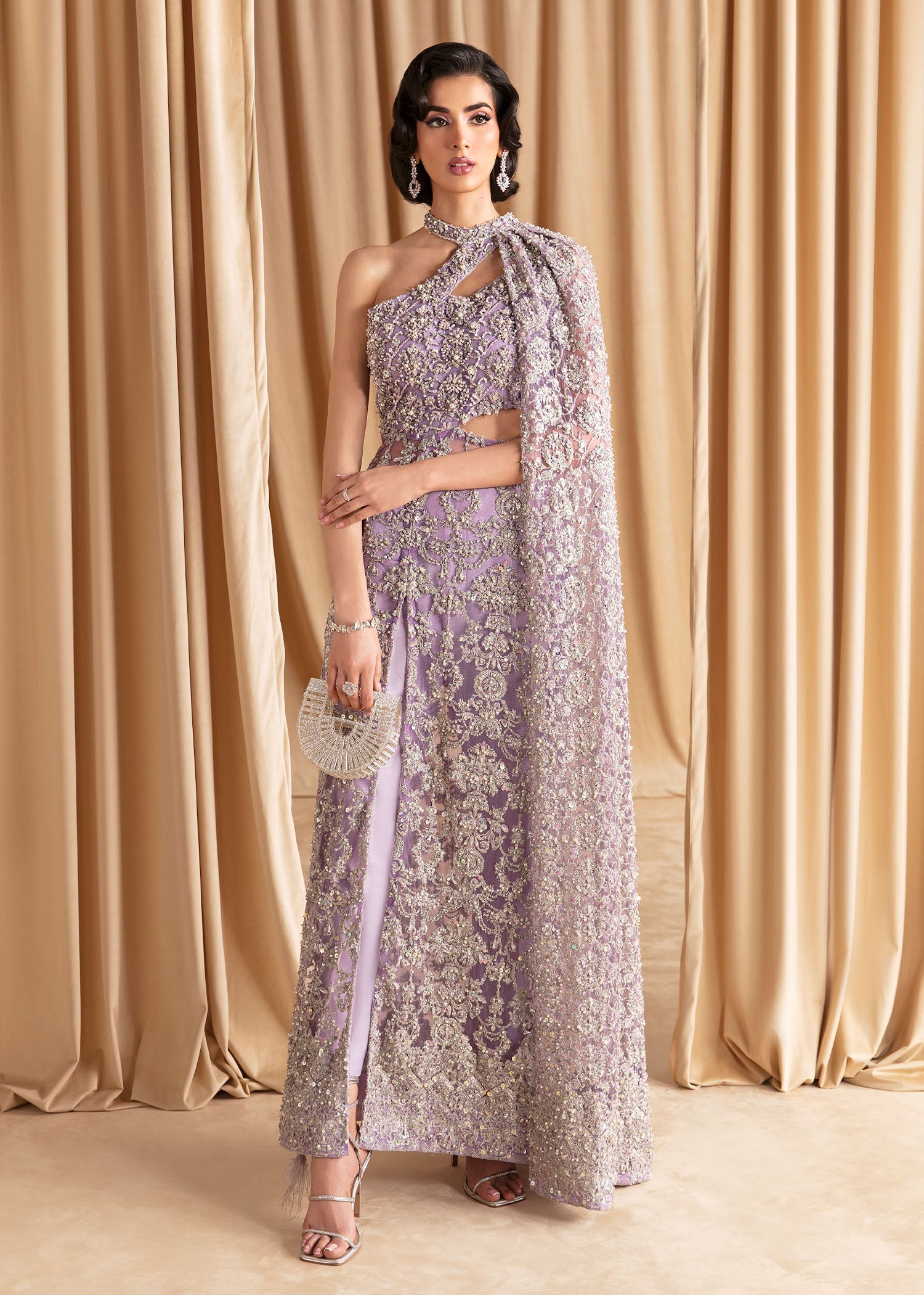 Lilac Embellished Net Cape Dress (2-Piece) - Image 1