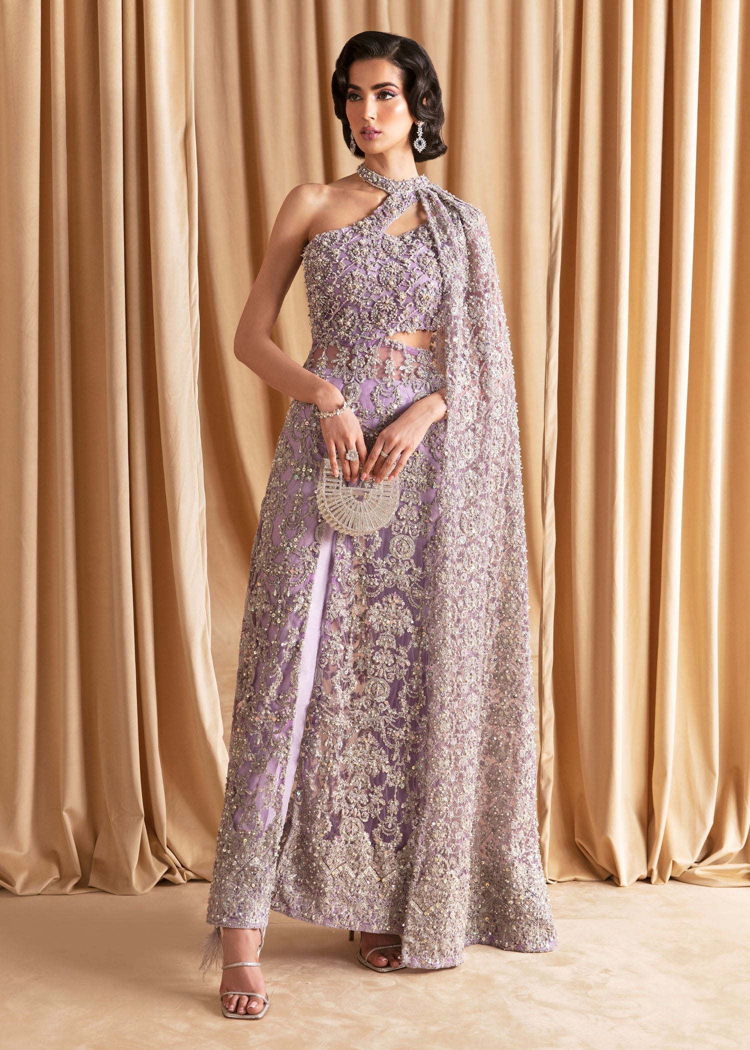 Lilac Embellished Net Cape Dress (2-Piece) - Image 2
