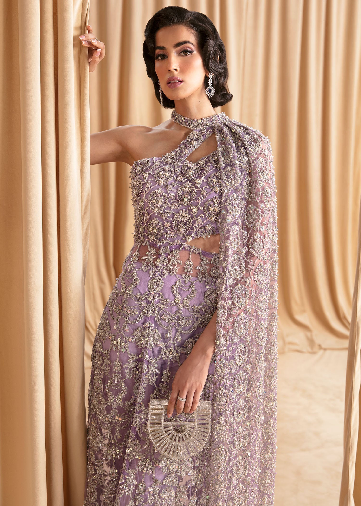 Lilac Embellished Net Cape Dress (2-Piece) - Image 3