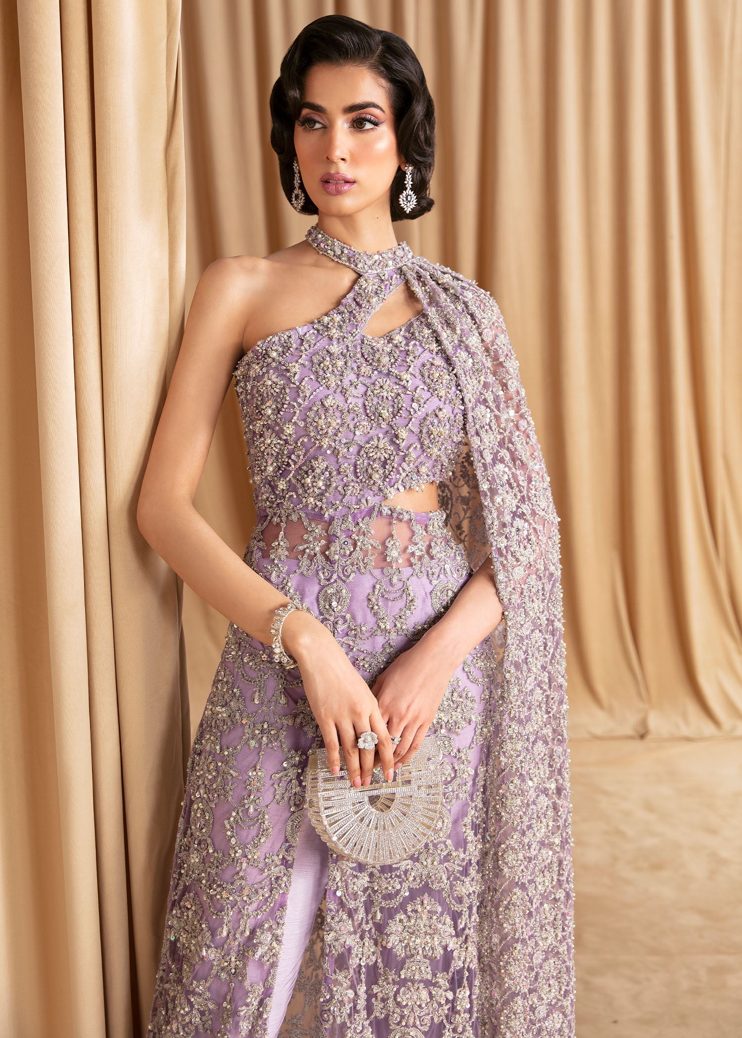 Lilac Embellished Net Cape Dress (2-Piece) - Image 4