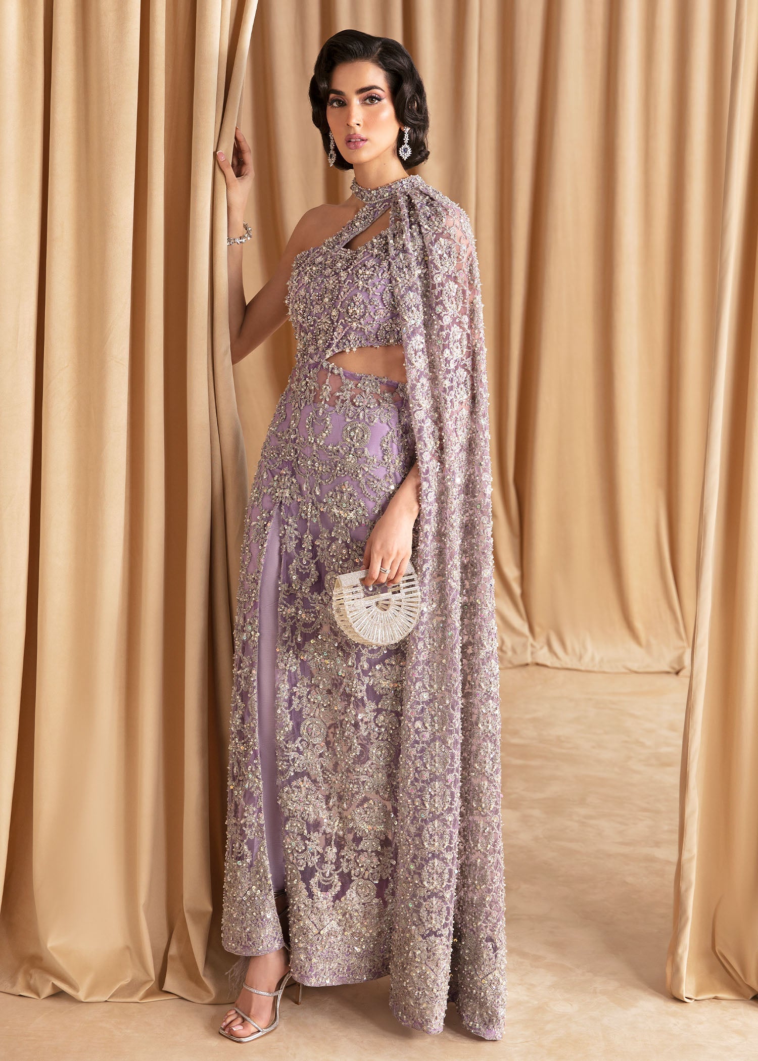 Lilac Embellished Net Cape Dress (2-Piece) - Image 5