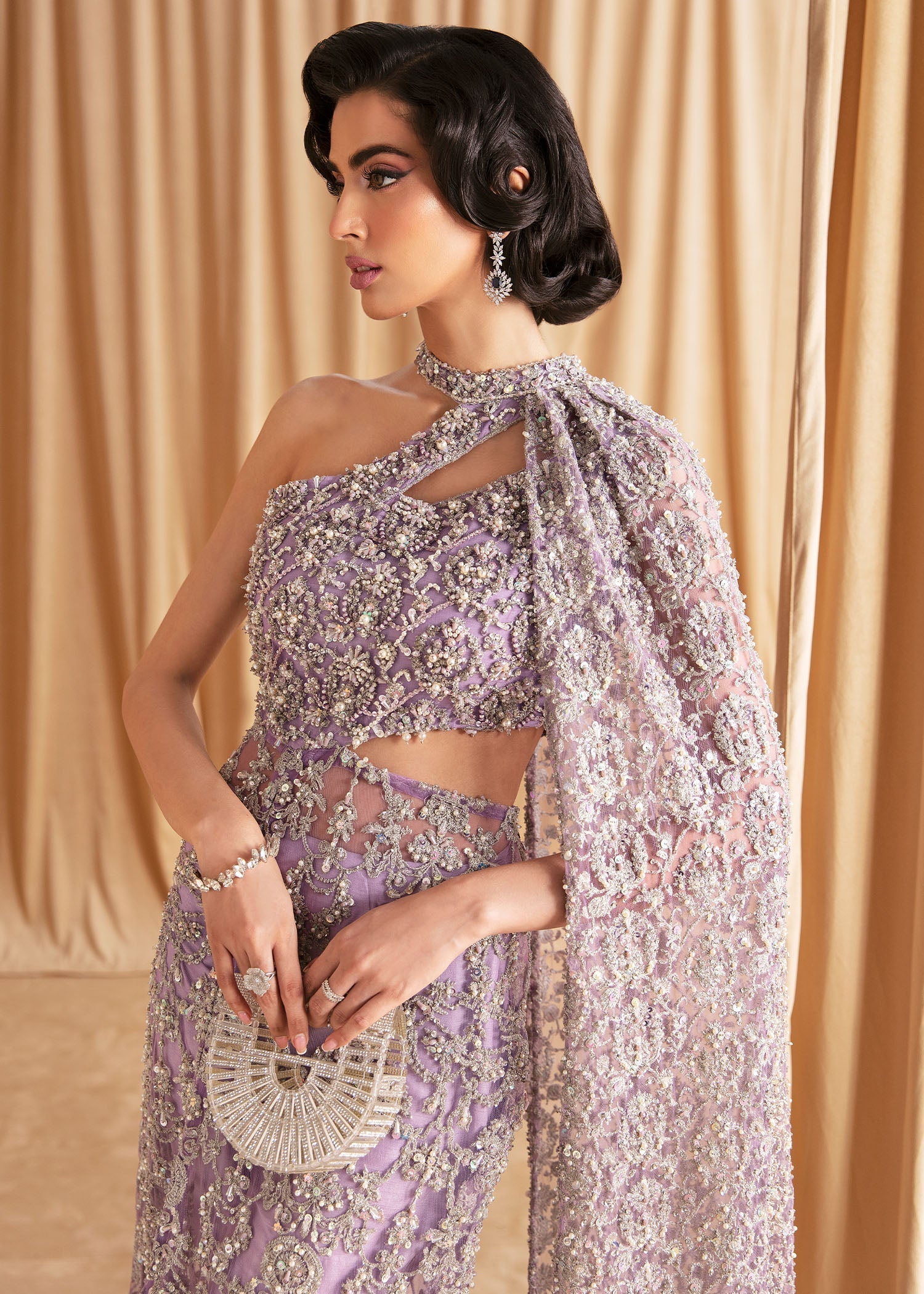 Lilac Embellished Net Cape Dress (2-Piece) - Image 6