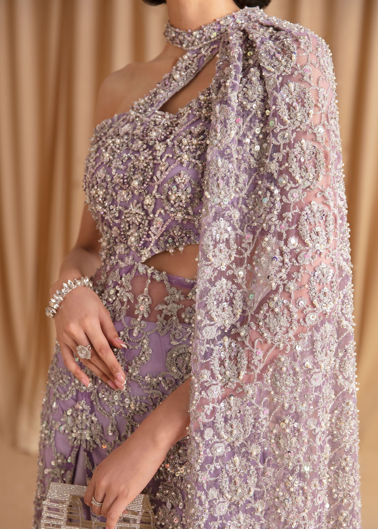 Lilac Embellished Net Cape Dress (2-Piece) - Image 7