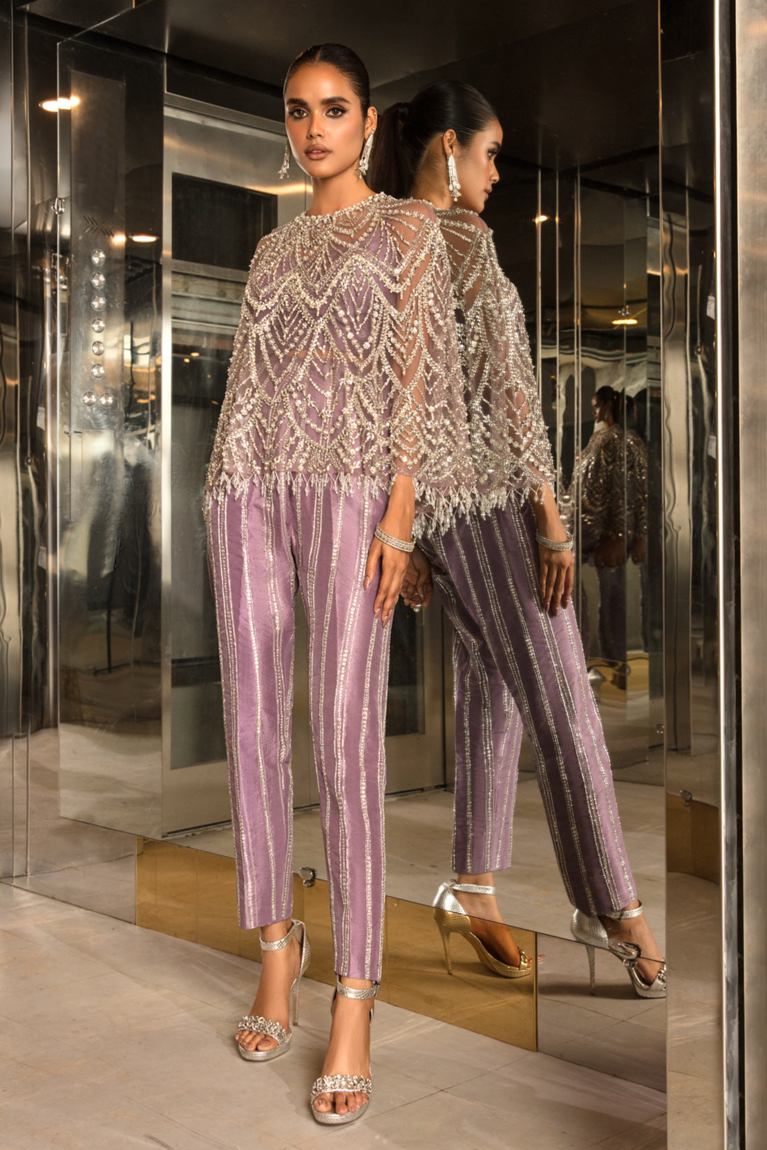 Lavender Swarovski Embellished Net Cape Dress (2-Piece) - Image 2