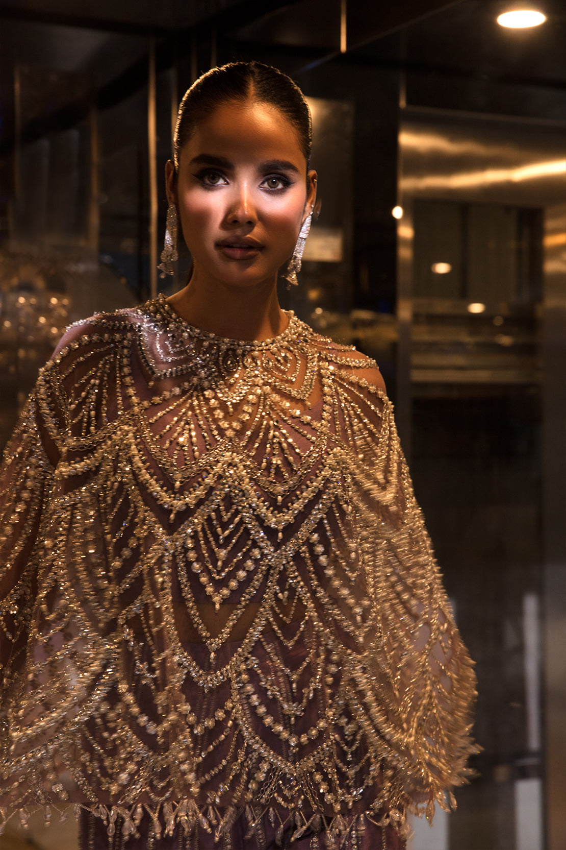 Lavender Swarovski Embellished Net Cape Dress (2-Piece) - Image 8