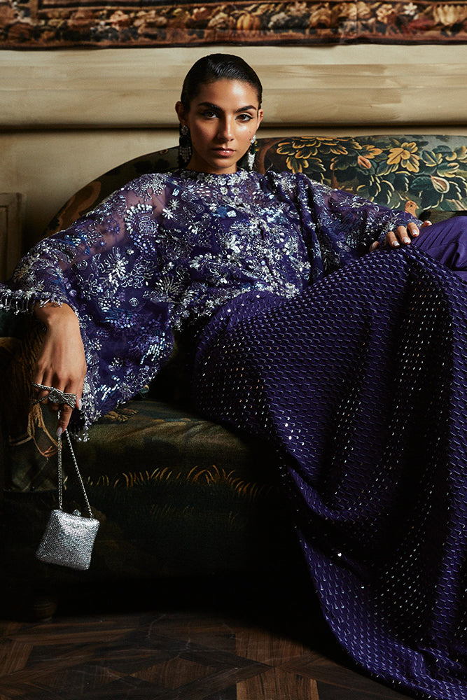 Pakistani Cadbury Purple Embroidered Net Kimono Jacket Dress (3-Piece) - Image 6