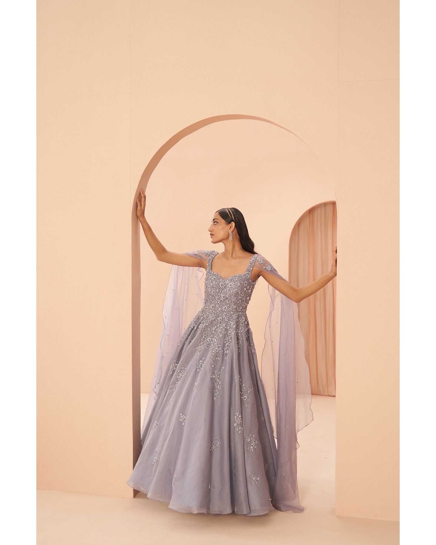 Indian Lilac Hand Embroidered Organza Bridal Gown (1-Pc) - Image 2