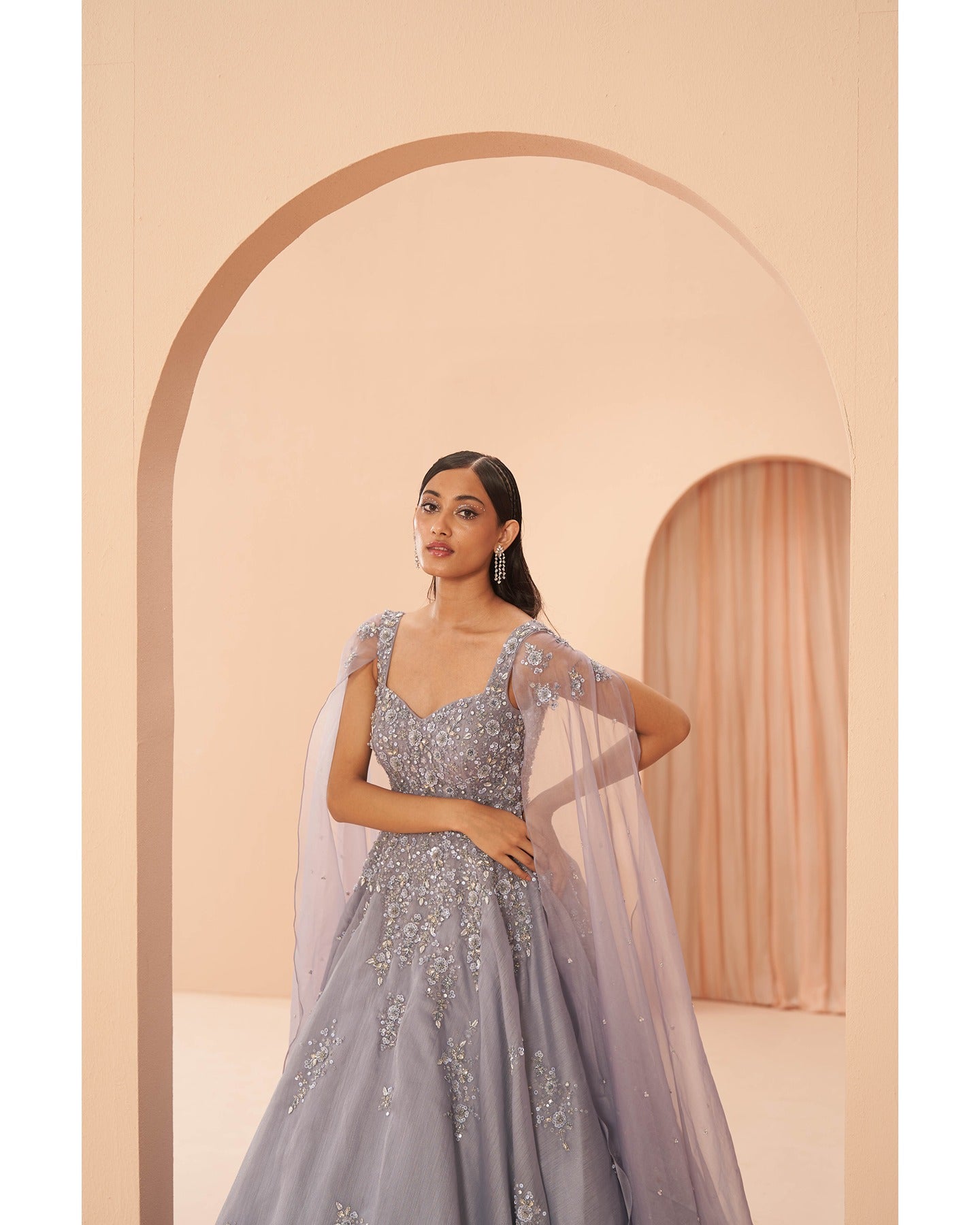 Indian Lilac Hand Embroidered Organza Bridal Gown (1-Pc) - Image 3