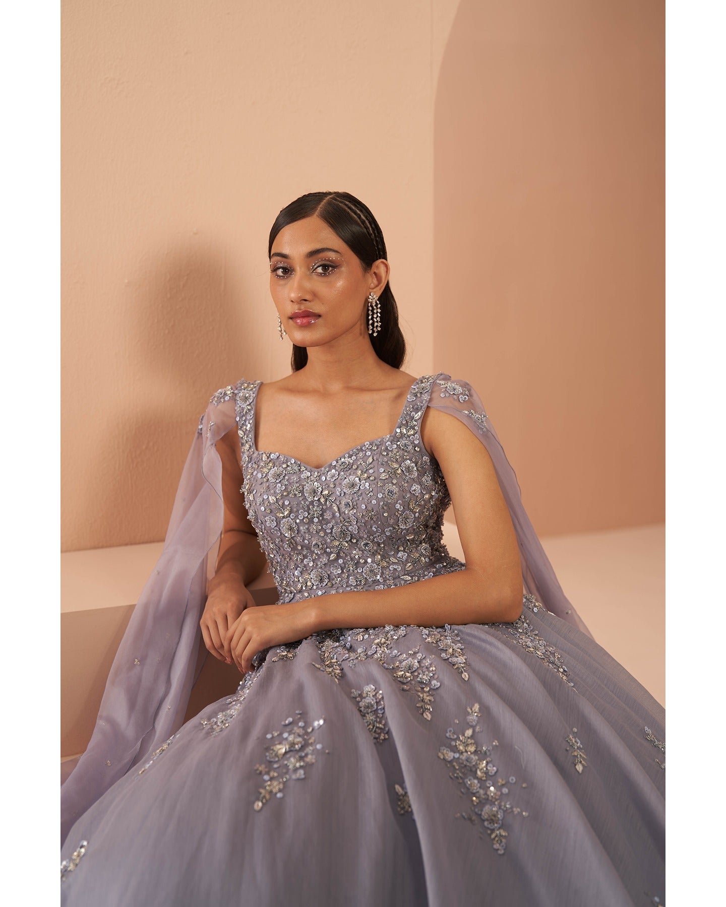 Indian Lilac Hand Embroidered Organza Bridal Gown (1-Pc) - Image 4