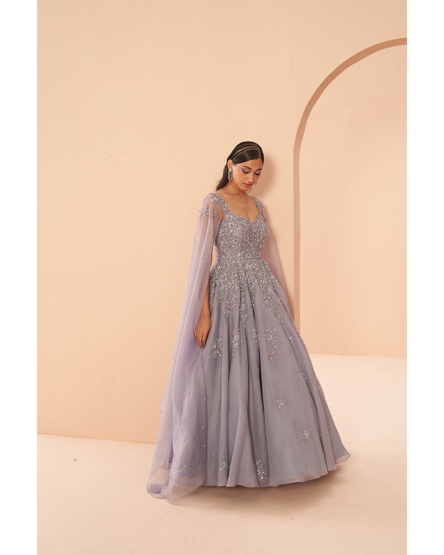 Indian Lilac Hand Embroidered Organza Bridal Gown (1-Pc) - Image 5