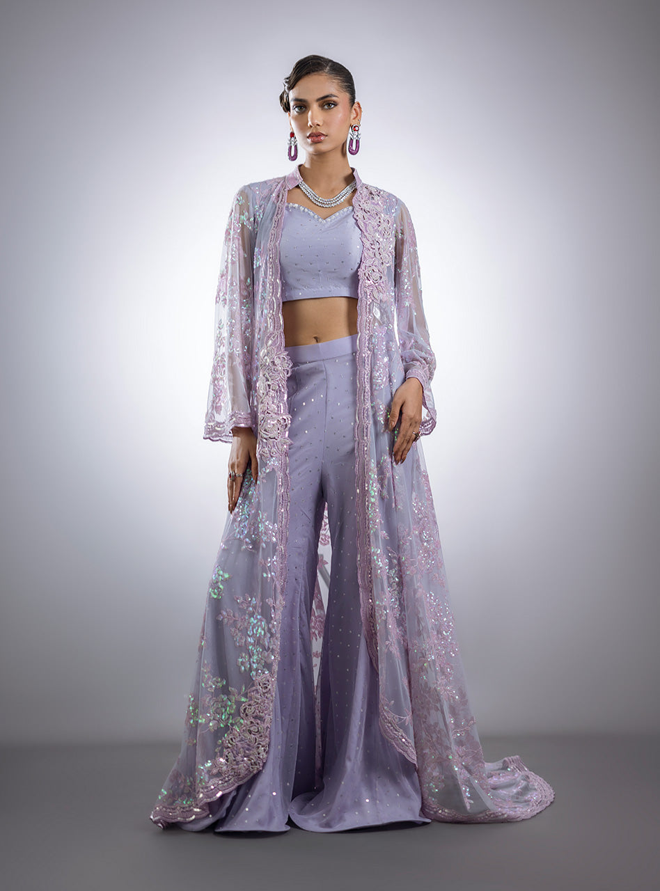 Pakistani Lilac Embroidered Raw Silk & Net Cape Dress (3-Piece) - Image 1