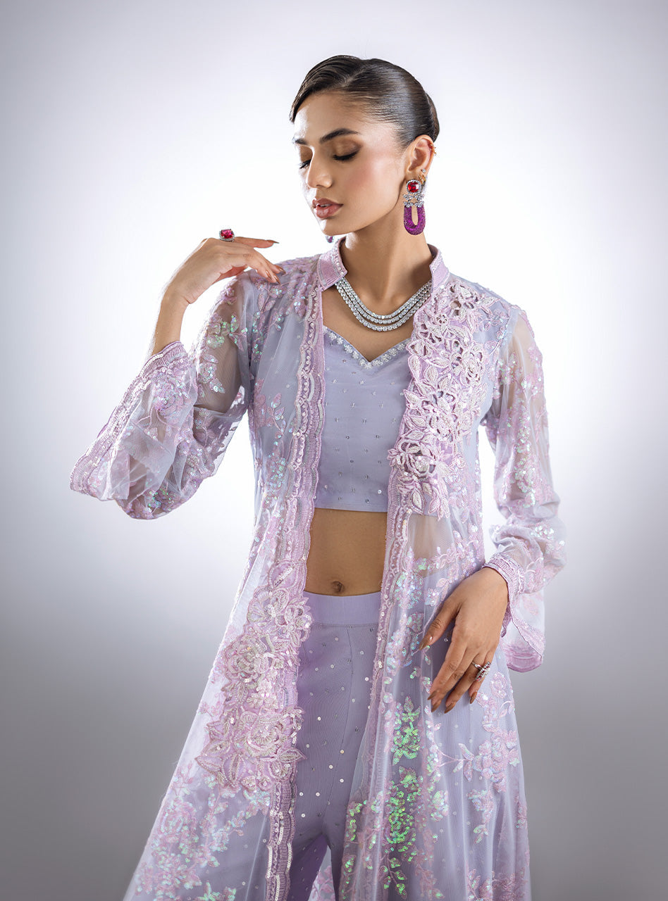 Pakistani Lilac Embroidered Raw Silk & Net Cape Dress (3-Piece) - Image 2