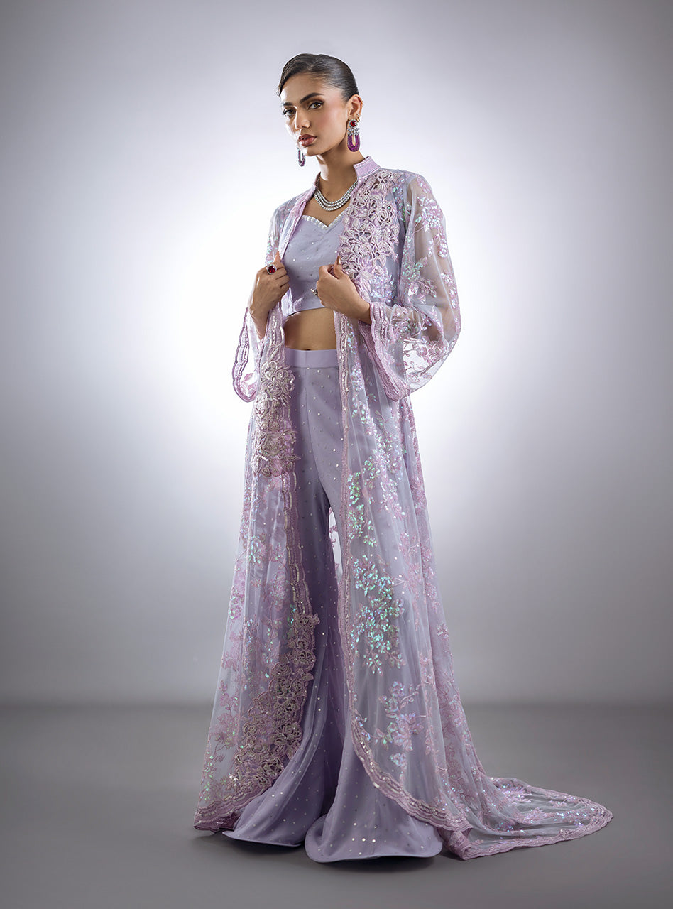 Pakistani Lilac Embroidered Raw Silk & Net Cape Dress (3-Piece) - Image 3