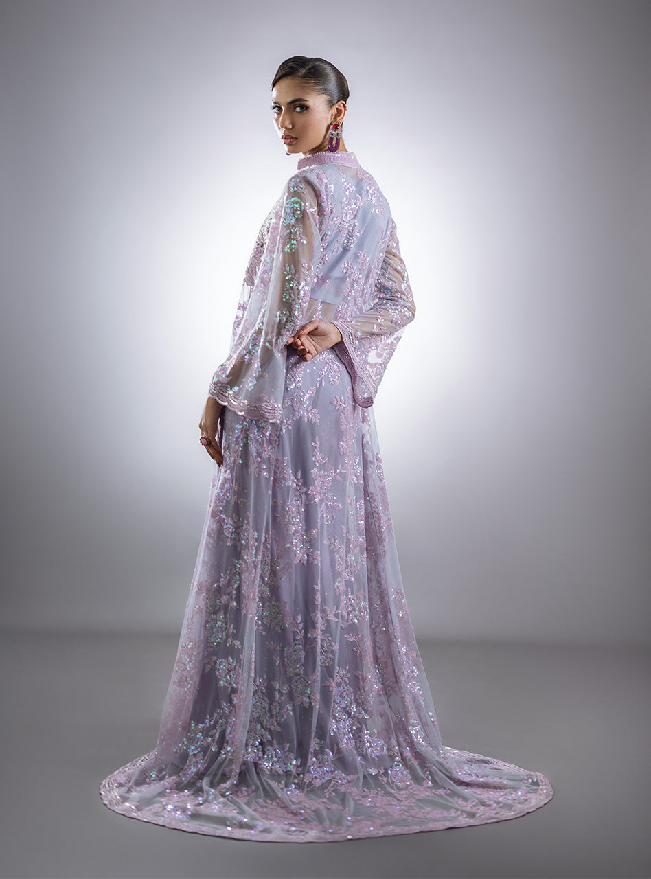 Pakistani Lilac Embroidered Raw Silk & Net Cape Dress (3-Piece) - Image 4