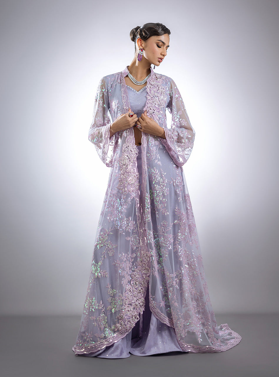 Pakistani Lilac Embroidered Raw Silk & Net Cape Dress (3-Piece) - Image 5