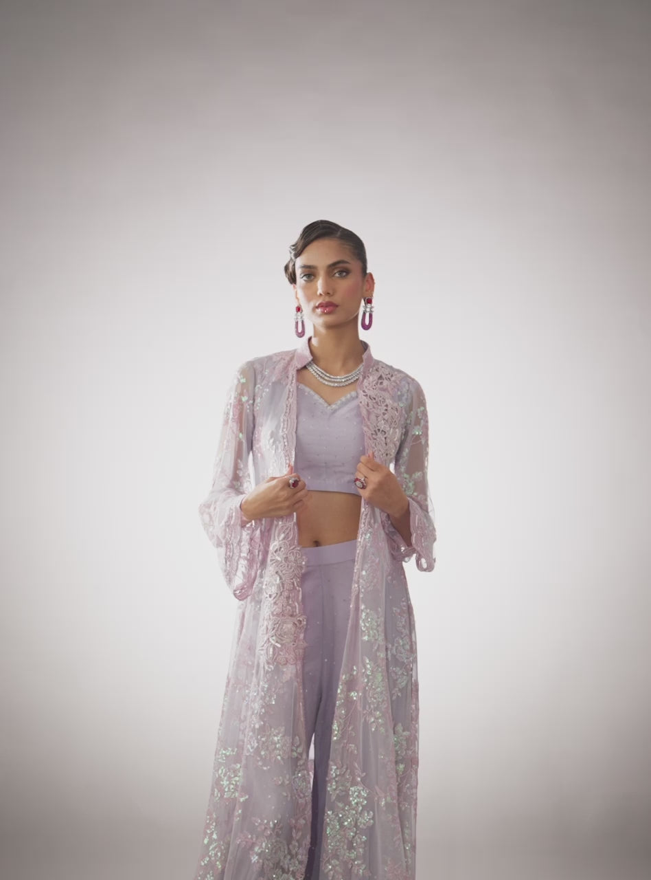 Pakistani Lilac Embroidered Raw Silk & Net Cape Dress (3-Piece) - Image 6