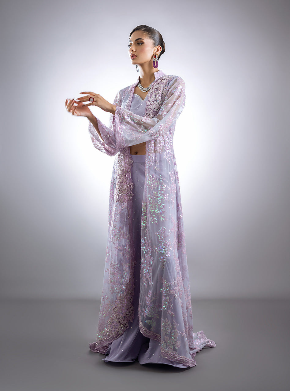 Pakistani Lilac Embroidered Raw Silk & Net Cape Dress (3-Piece) - Image 7