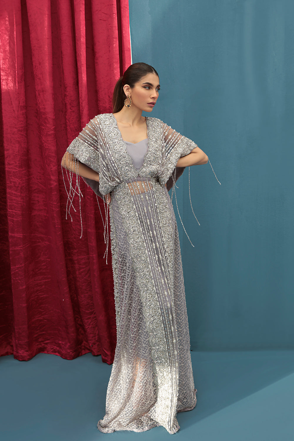 Indian Lilac Embellished Net Silk Cape Dress (2-Piece) - Image 1