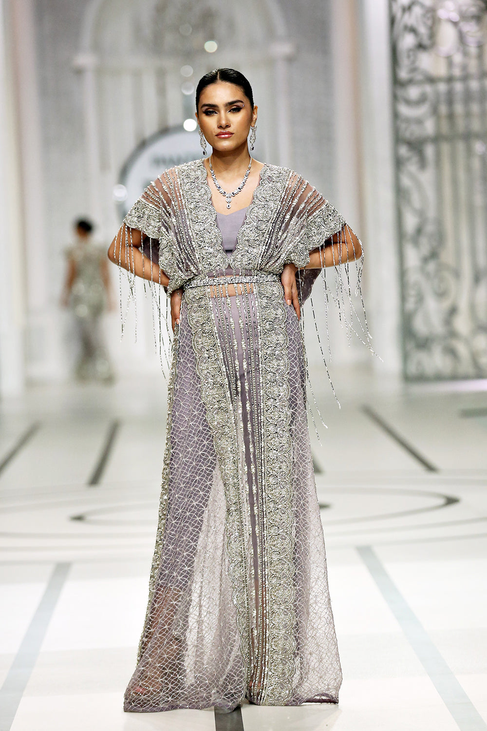 Indian Lilac Embellished Net Silk Cape Dress (2-Piece) - Image 2