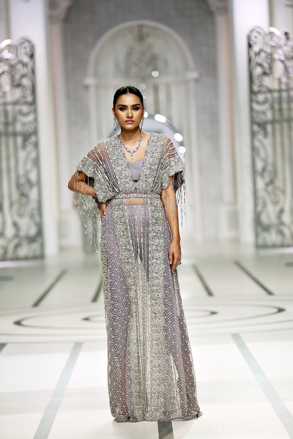 Indian Lilac Embellished Net Silk Cape Dress (2-Piece) - Image 4