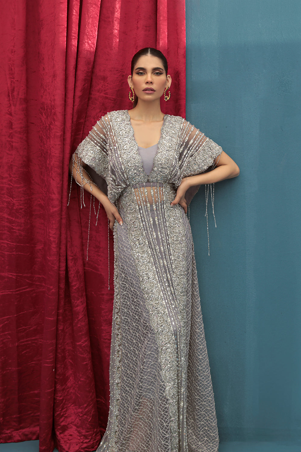 Indian Lilac Embellished Net Silk Cape Dress (2-Piece) - Image 5