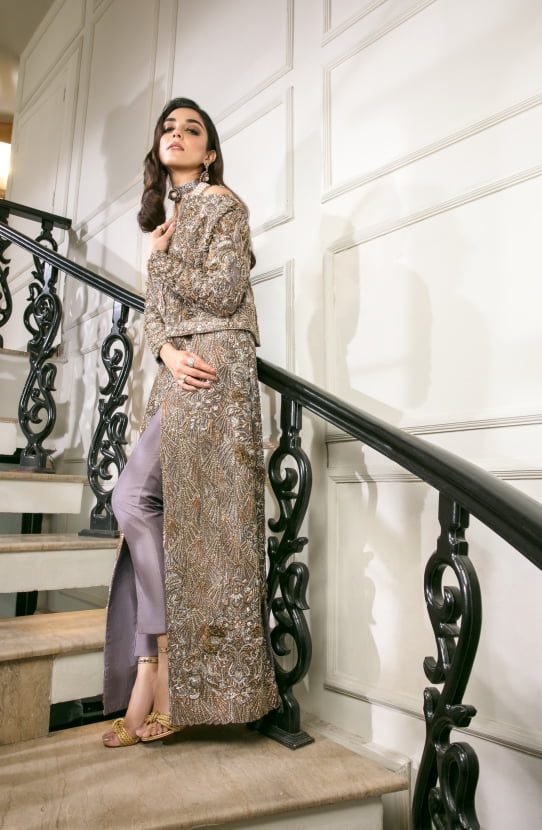 Pakistani Lilac Embellished Raw Silk Jacket Co-ord (3-Piece) - Image 5