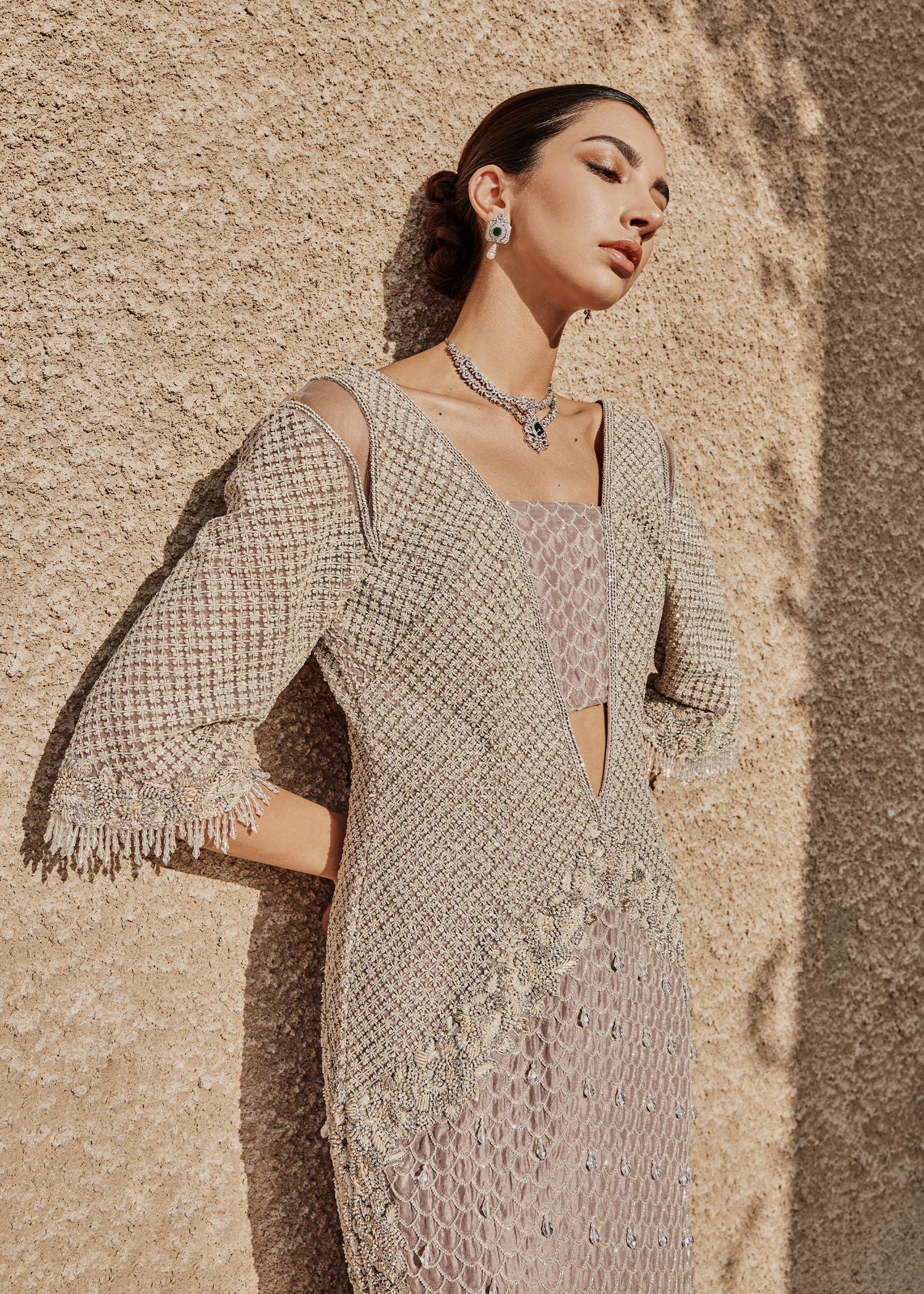 Indian Lilac Embroidered Raw Silk Skirt and Jacket (3-Piece) - Image 4