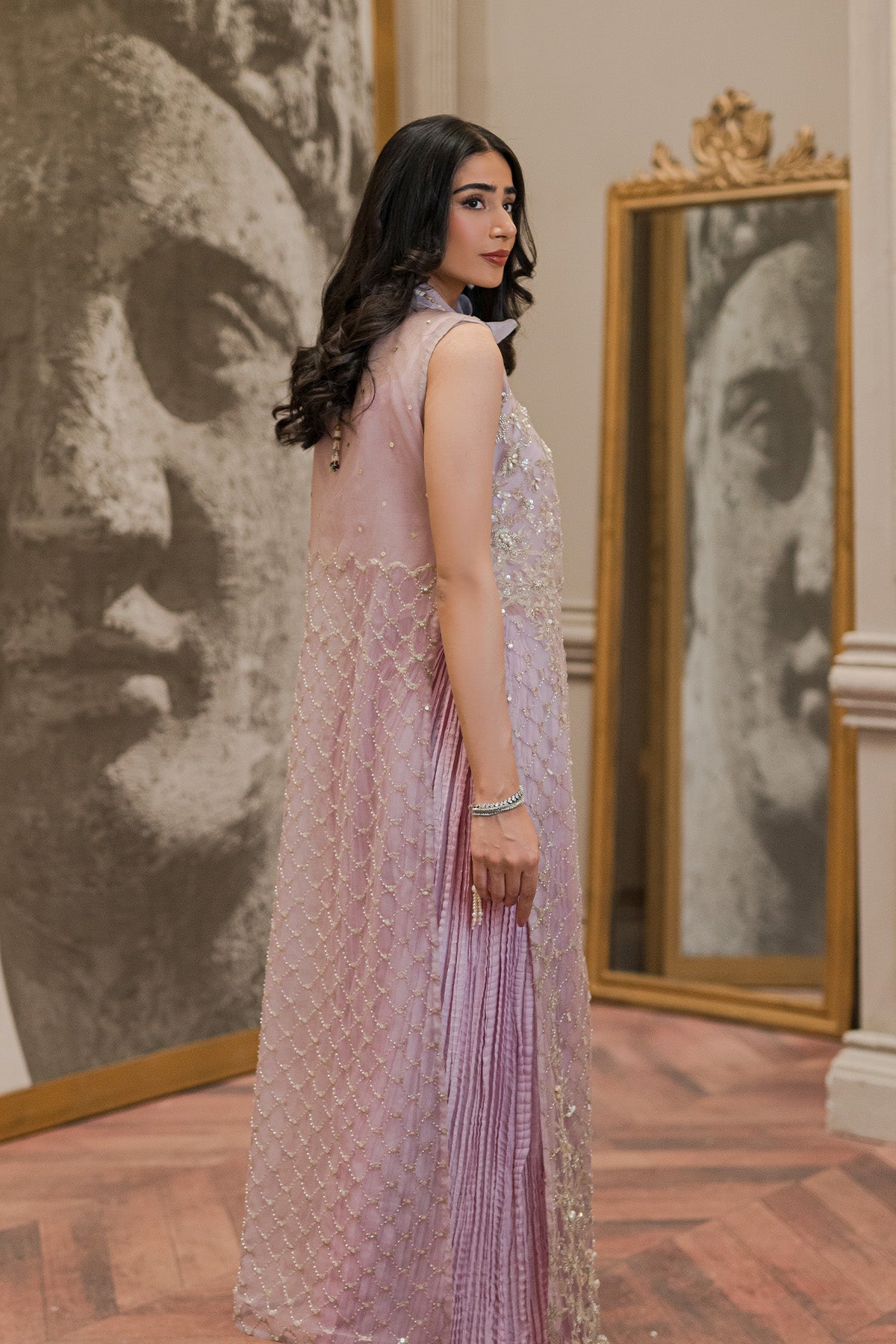 Pakistani Lilac Beaded Net Coat 3-Piece Outfit - Image 2