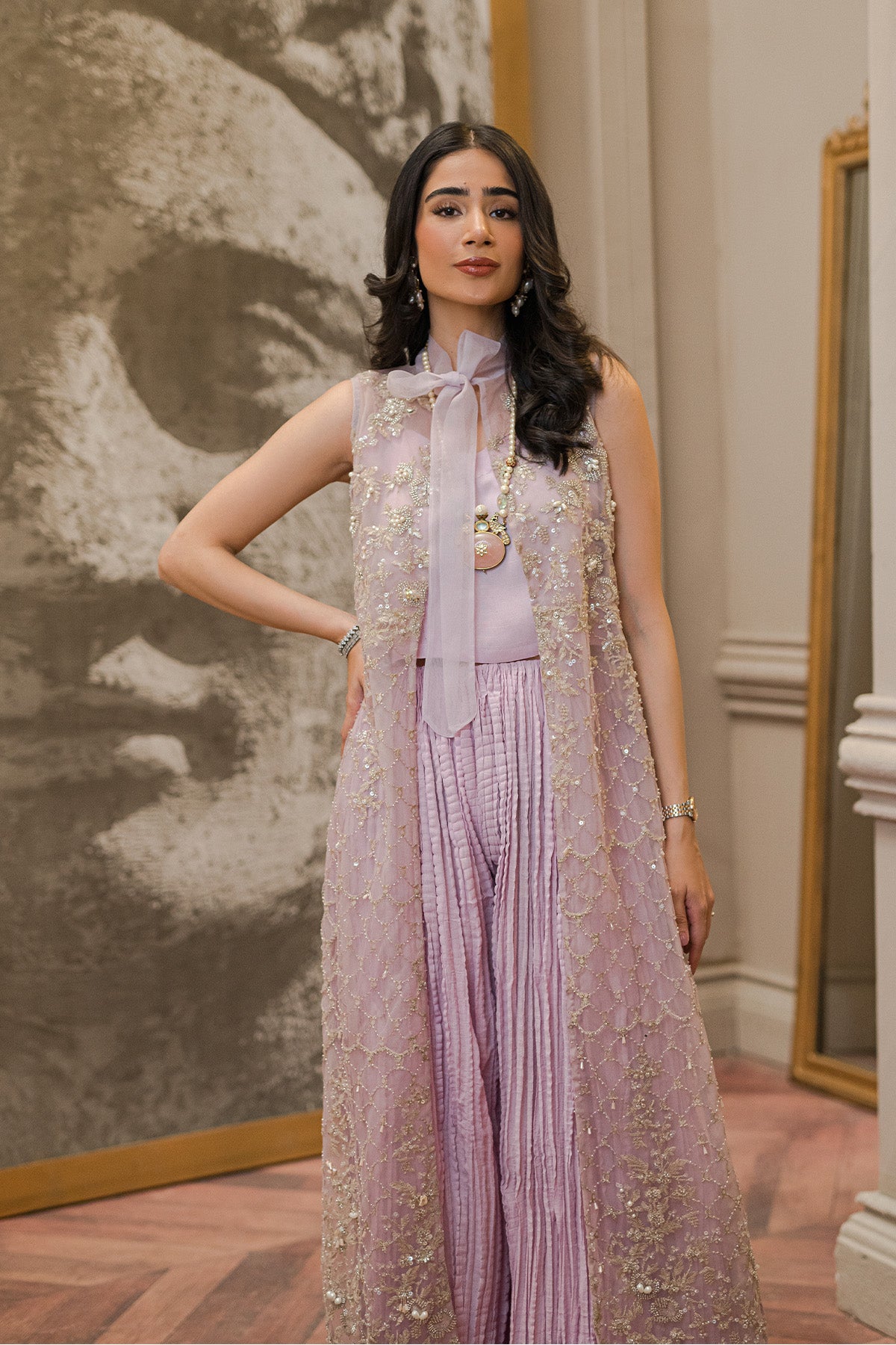 Pakistani Lilac Beaded Net Coat 3-Piece Outfit - Image 3