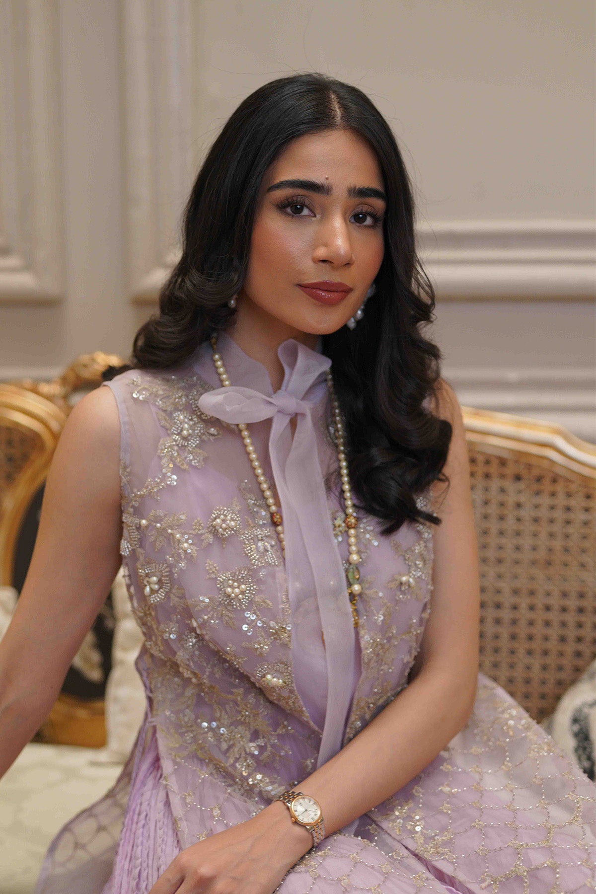 Pakistani Lilac Beaded Net Coat 3-Piece Outfit - Image 5