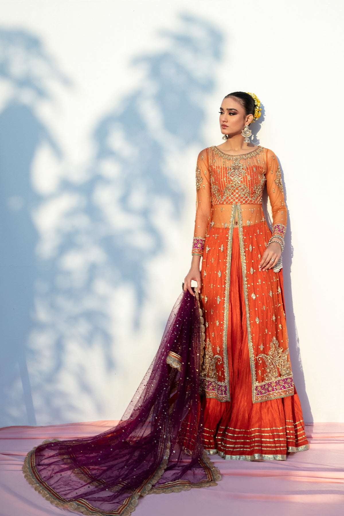 Purple Mukesh Net Dupatta with Wide Border Lace (1-Pc) - Image 1