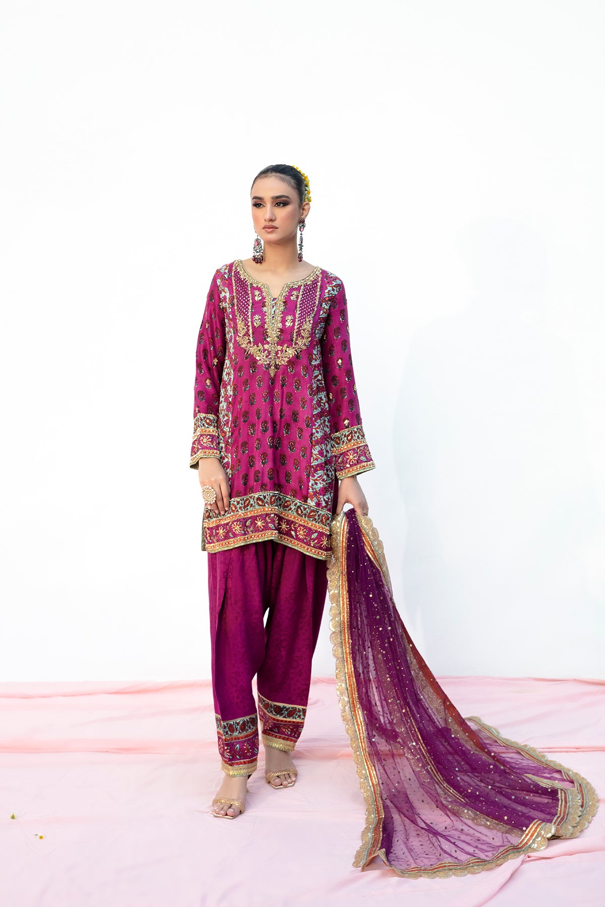 Purple Mukesh Net Dupatta with Wide Border Lace (1-Pc) - Image 2