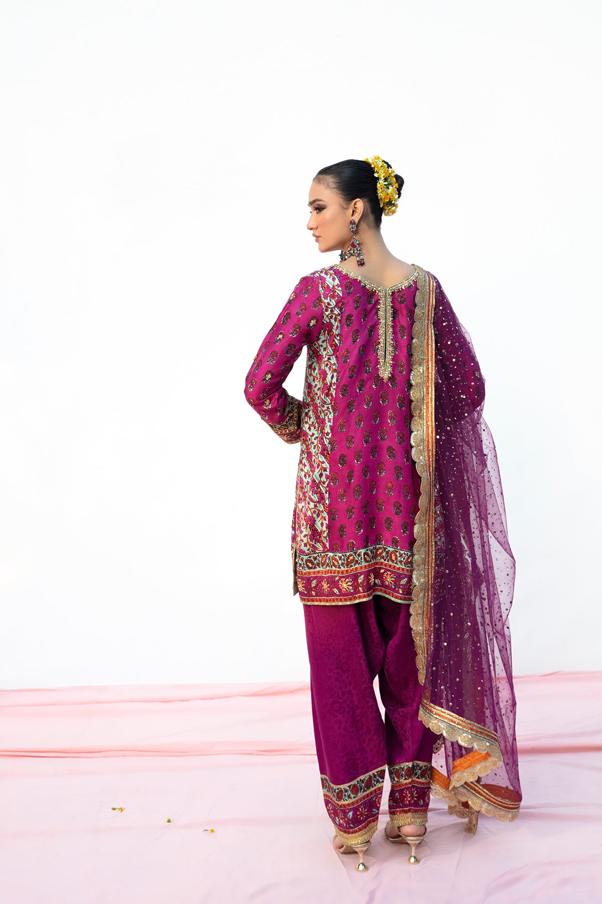 Purple Mukesh Net Dupatta with Wide Border Lace (1-Pc) - Image 3