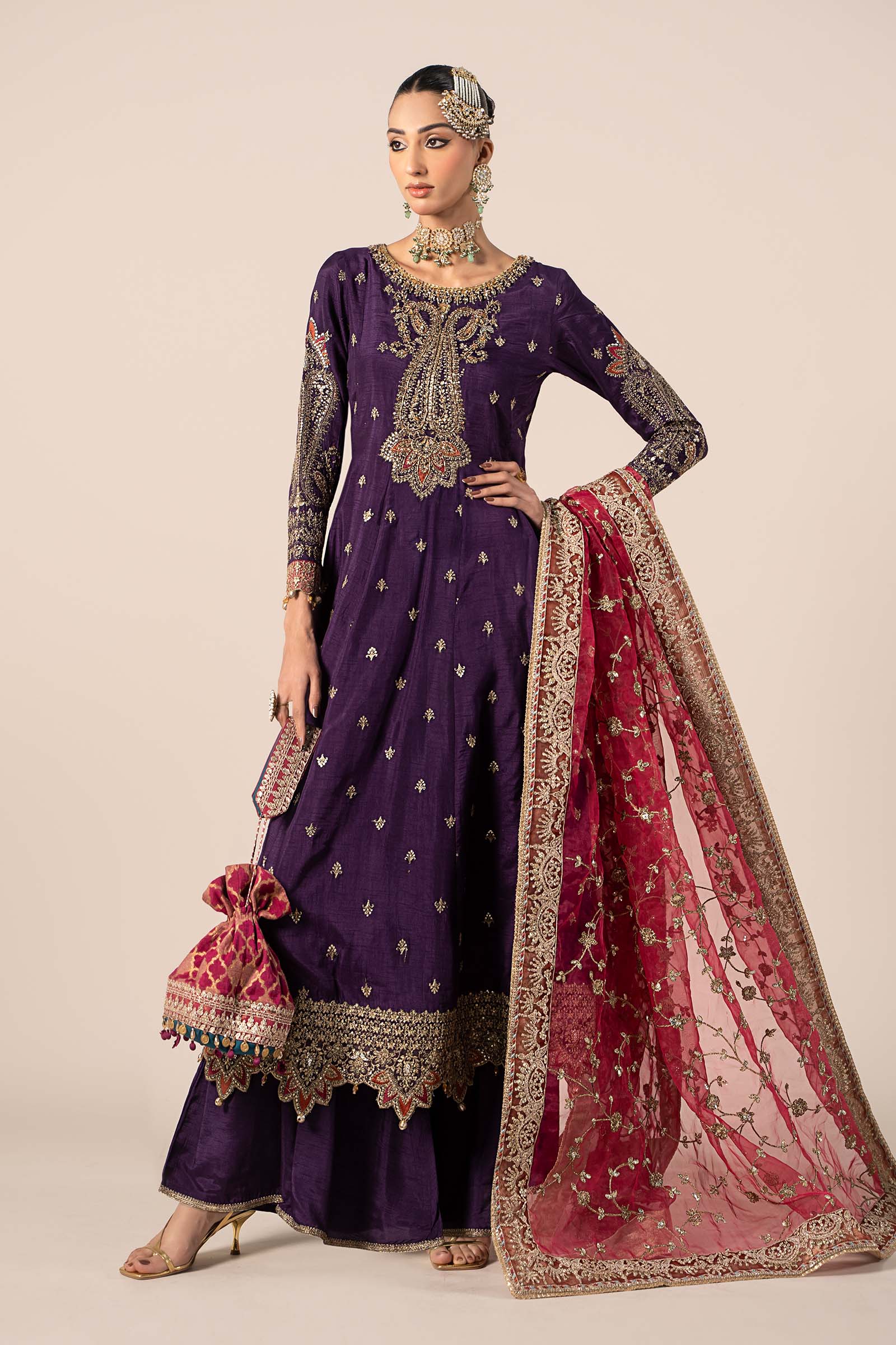 Pakistani Purple Embroidered Raw Silk Frock (3-Piece) - Image 1