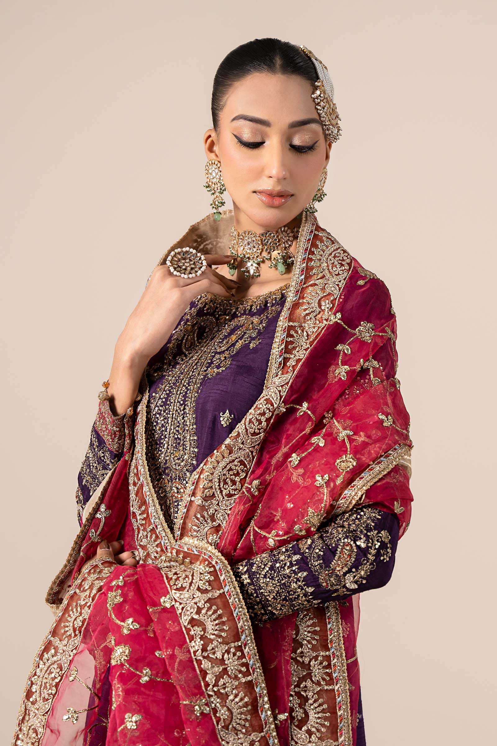 Pakistani Purple Embroidered Raw Silk Frock (3-Piece) - Image 2