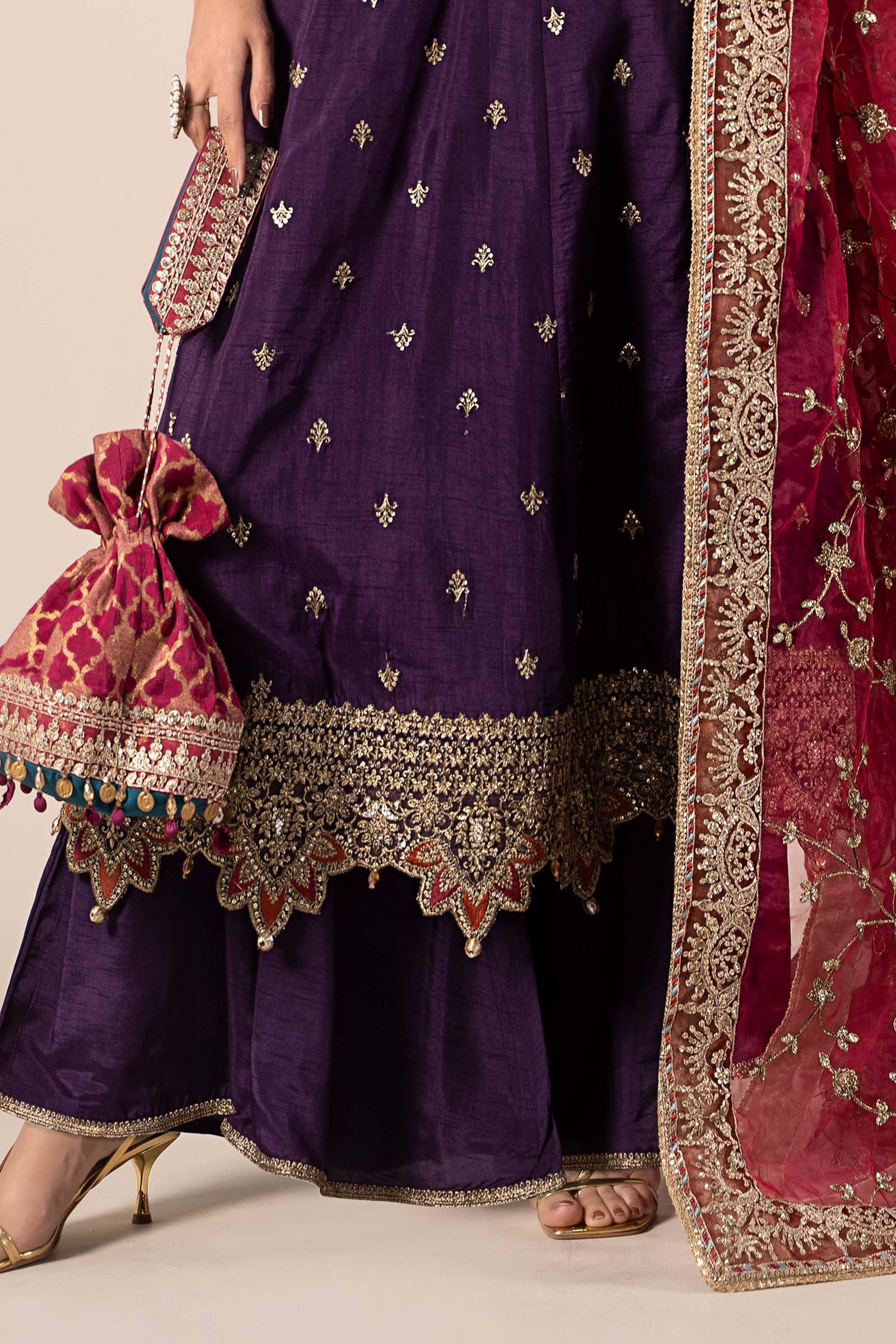 Pakistani Purple Embroidered Raw Silk Frock (3-Piece) - Image 3