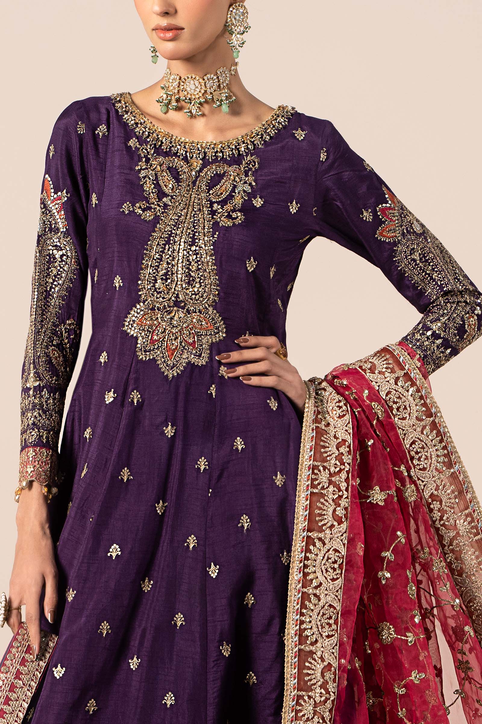 Pakistani Purple Embroidered Raw Silk Frock (3-Piece) - Image 4