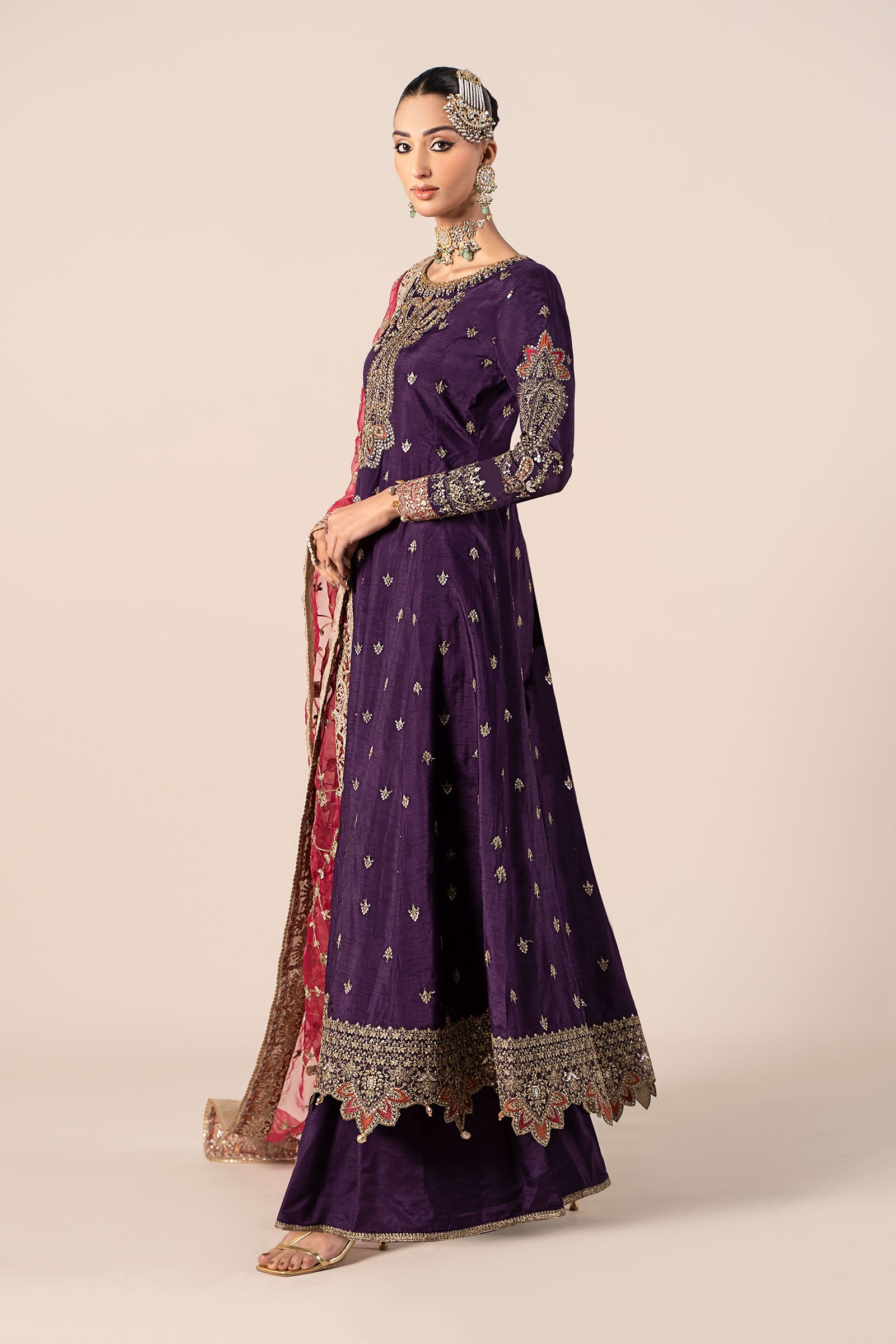 Pakistani Purple Embroidered Raw Silk Frock (3-Piece) - Image 5