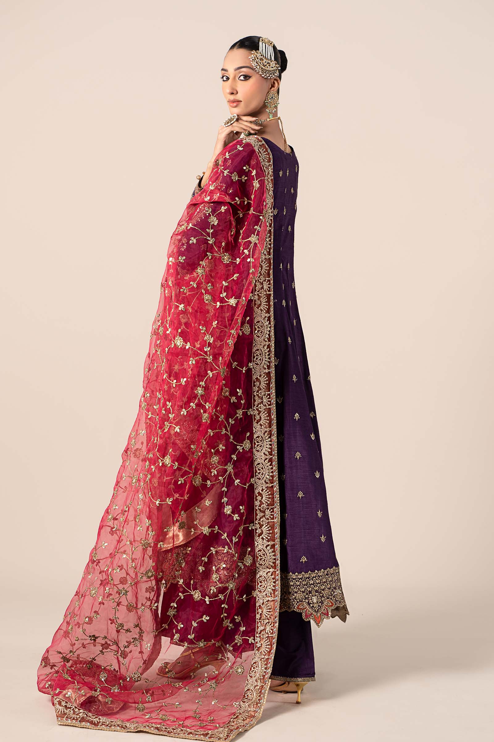 Pakistani Purple Embroidered Raw Silk Frock (3-Piece) - Image 6