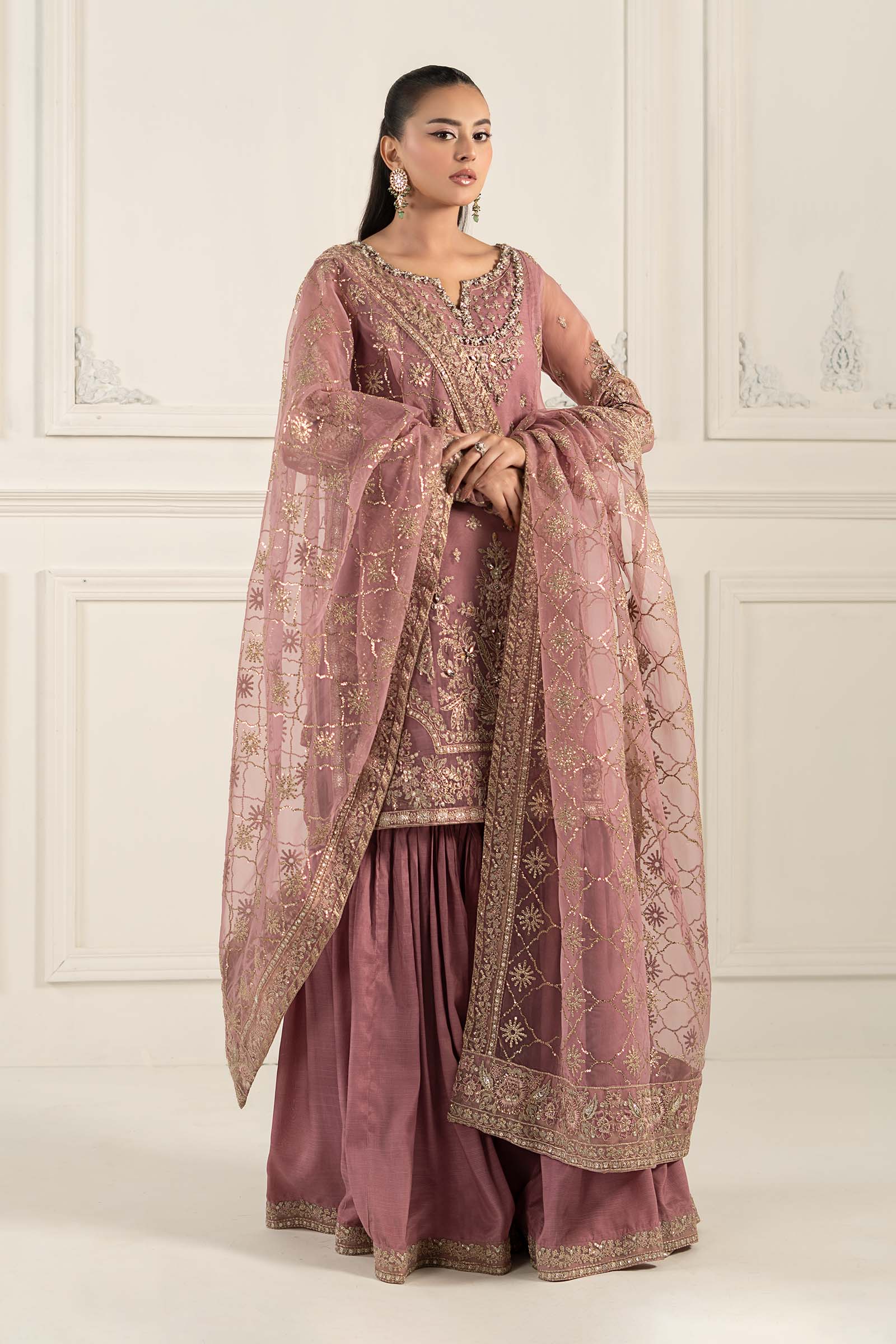 Lilac Embroidered Organza & Raw Silk Gharara (3-Piece) - Image 3