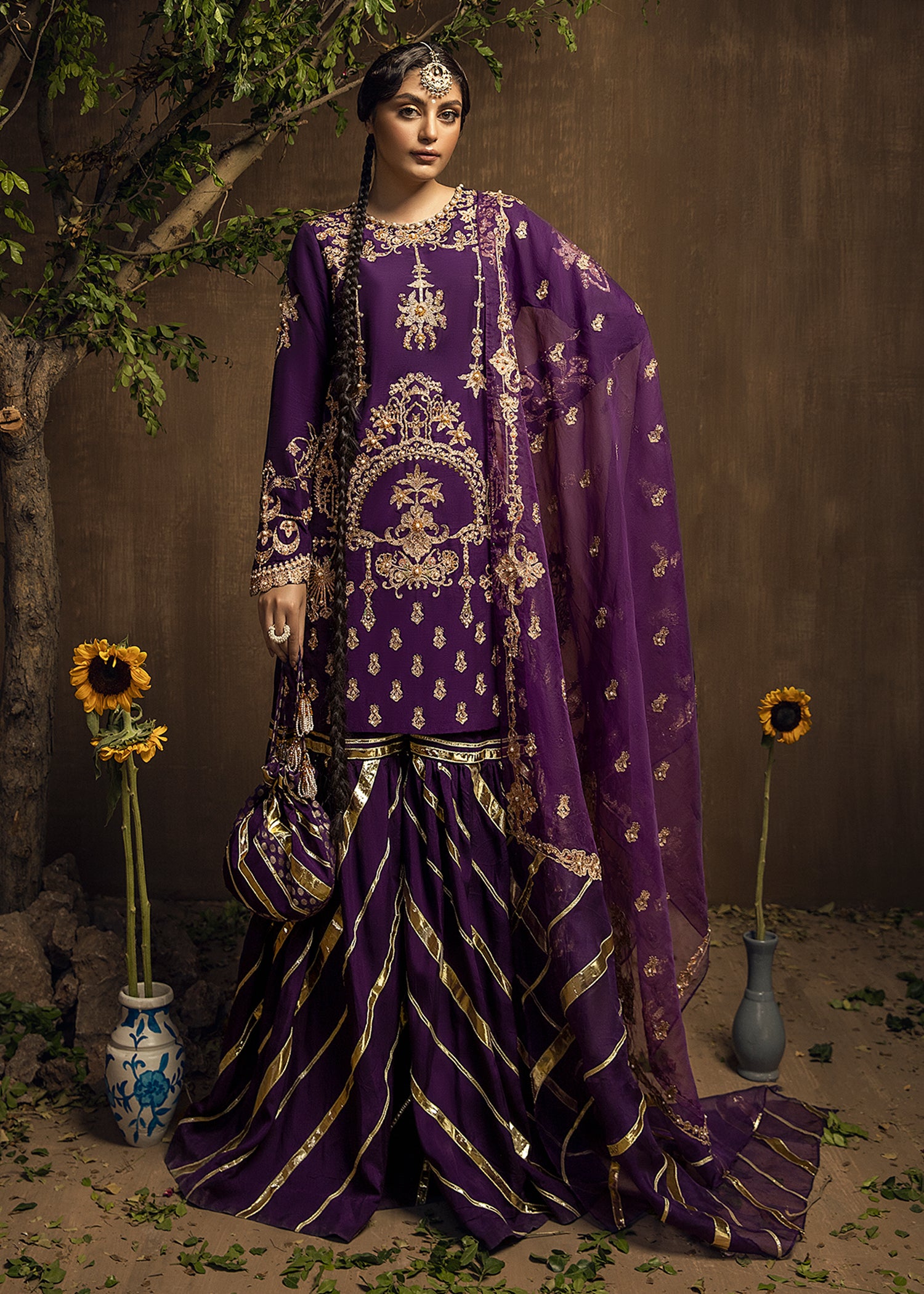 Deep Purple Aari Naqshi Raw Silk Gharara (3-Piece) - Image 1