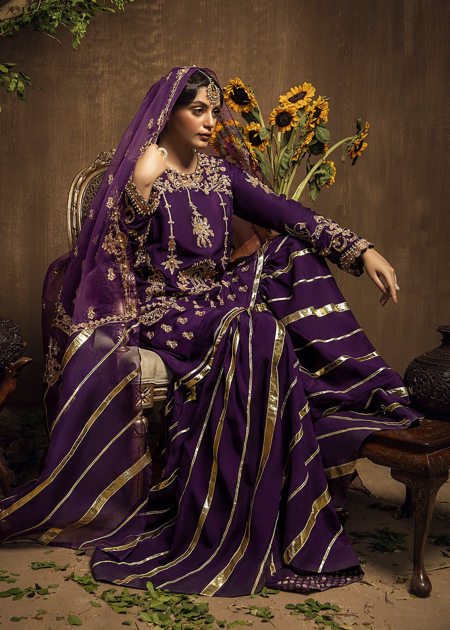 Deep Purple Aari Naqshi Raw Silk Gharara (3-Piece) - Image 2