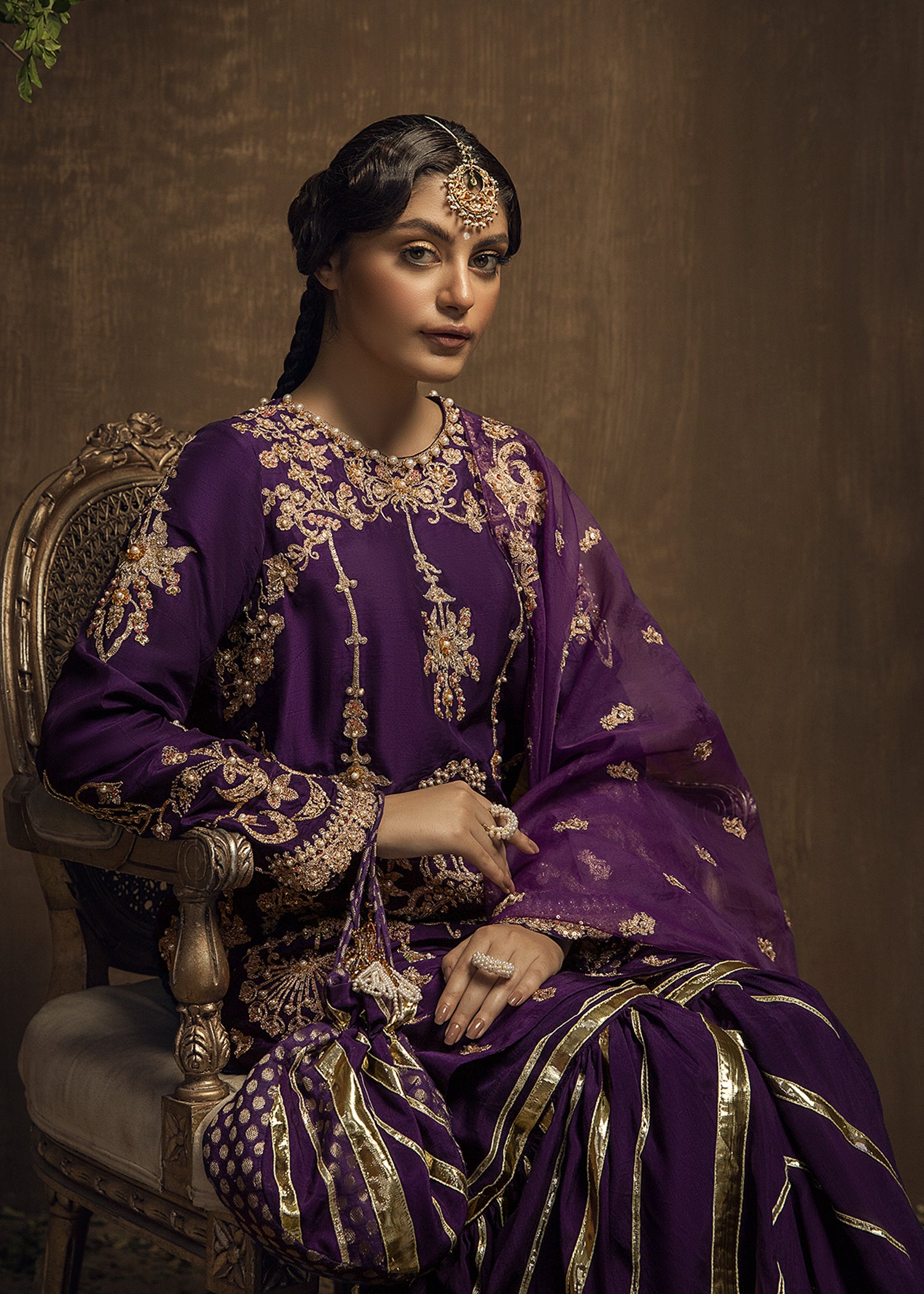Deep Purple Aari Naqshi Raw Silk Gharara (3-Piece) - Image 4